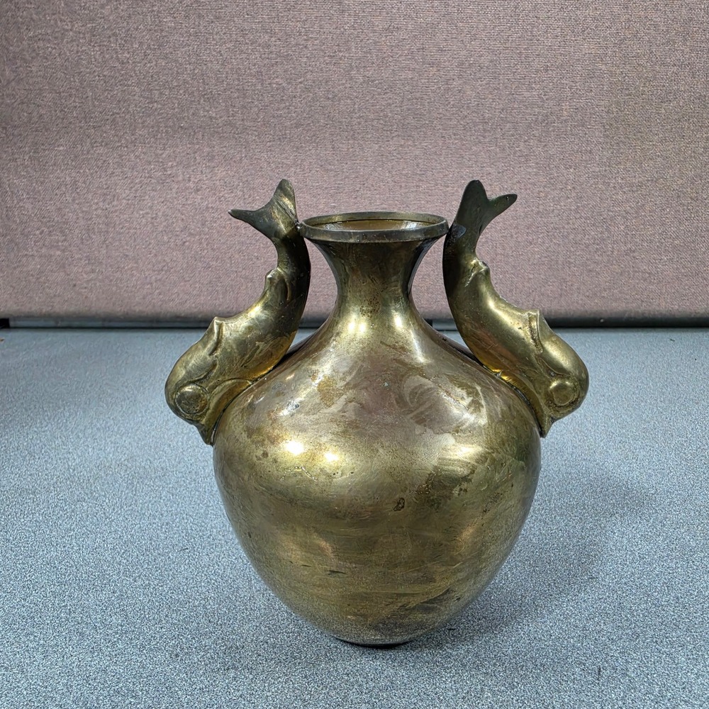 Vintage Brass Dolphin Handle Vase Small Gold 6.5in Good Patina Nautical Decor